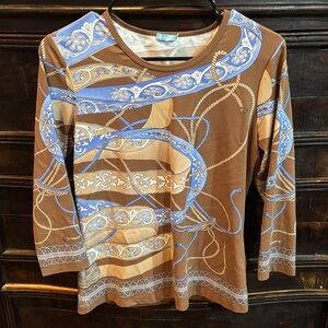J. McLaughlin Elegant Brown and Blue Patterned Top